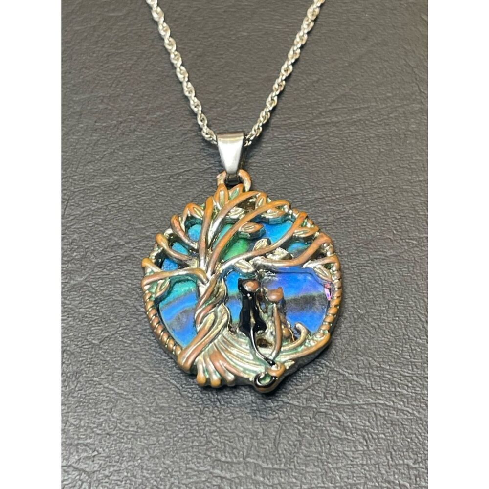 Tree of Life Silver Necklace with Blue-Green Enamel Pendant - Picture 4 of 13